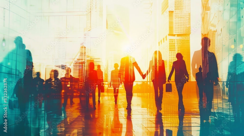 Double exposure group of people walking through a modern city Double exposure group of people walking through a modern city