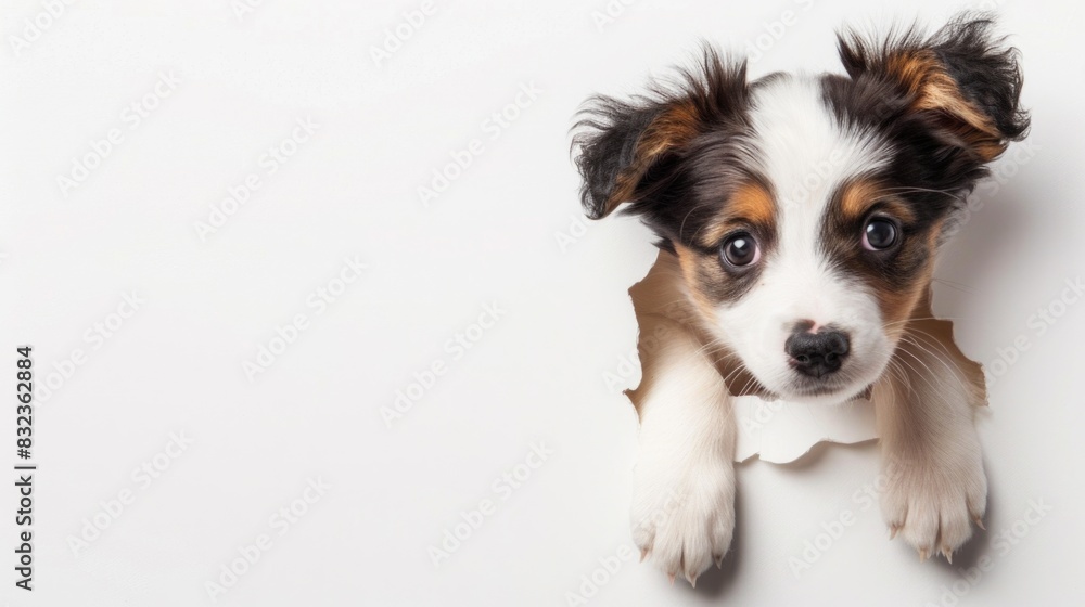 Adorable Puppy Peeking Through Paper Tear on White Background Adorable Puppy Peeking Through Paper Tear on White Background