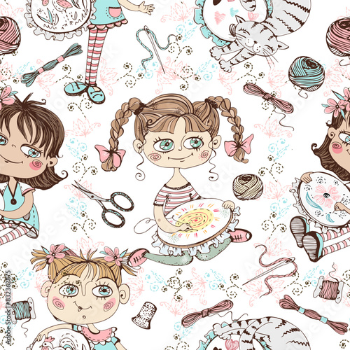 Seamless pattern on the embroidery theme. Needlework girls and embroidery accessories. Vector.