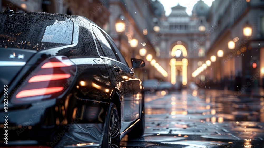 Luxury Sedan Glittering Under City Streetlights on a Rainy Evening Luxury Sedan Glittering Under City Streetlights on a Rainy Evening