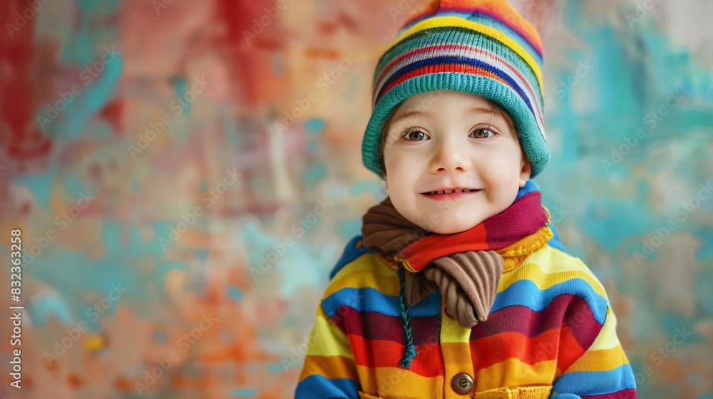 Front view of a smiling little boy in colorful clothes with accessories, with copy space on the left, against colorful wall background Front view of a smiling little boy in colorful clothes with accessories, with copy space on the left, against colorful wall background