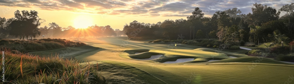 Sunrise illuminating a prestigious golf course, casting long shadows and lighting up the dewy fairways, ideal for a peaceful game Sunrise illuminating a prestigious golf course, casting long shadows and lighting up the dewy fairways, ideal for a peaceful game