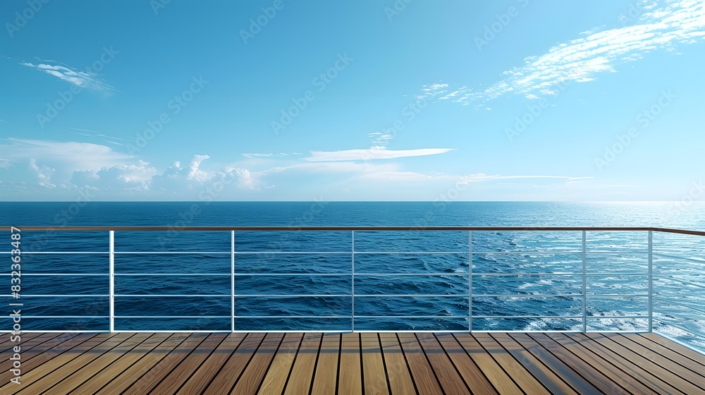 On the deck of an ocean liner, overlooking the vast sea and blue sky, there is a large white metal guardrail with a wood grain texture.