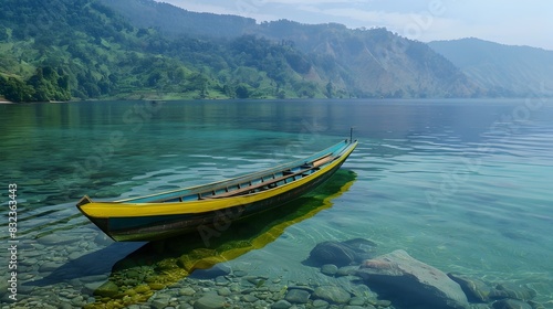 Traditional Indonesian Boat on Lake Toba: A Serene Morning Voyage photo