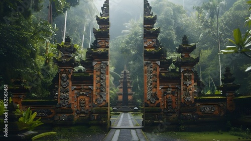 Intricate Balinese Temple Gate Immersed in Lush Tropical Surroundings - A Serene Spiritual Haven photo