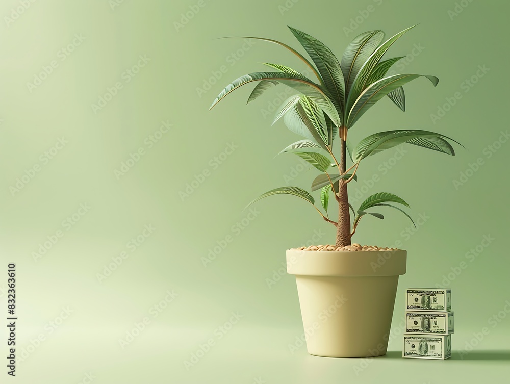 A plant in a pot with money with beautiful background A plant in a pot with money with beautiful background