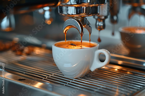 A close-up of a coffee machine brewing coffee into a white cup  set in an office environment  with a blurred background highlighting the workspace atmosphere and modern convenience