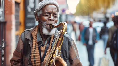 Soulful Jazz: Elderly Man Performing on a Vibrant City Street