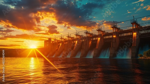An evening scene at a hydroelectric dam, with the setting sun casting golden light across the dam and water. 
