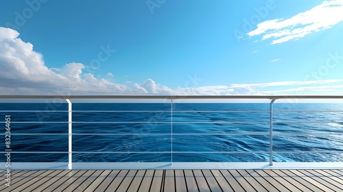 On the deck of an ocean liner, overlooking the vast sea and blue sky, there is a large white metal guardrail with a wood grain texture.