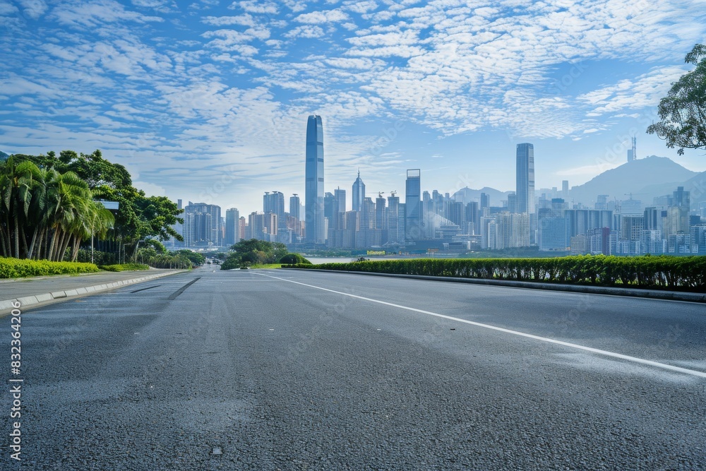 Empty asphalt road and city buildings skyline in Shenzhen 