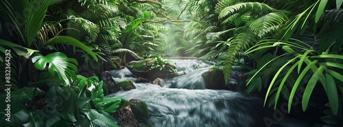 A serene, forest stream background with flowing water and lush greenery.