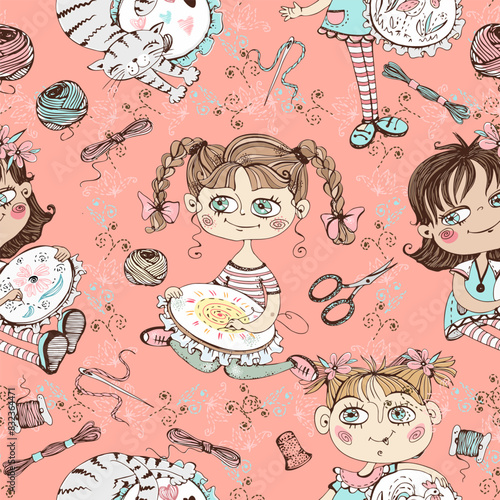 Seamless pattern on the embroidery theme. Needlework girls and embroidery accessories. Vector.