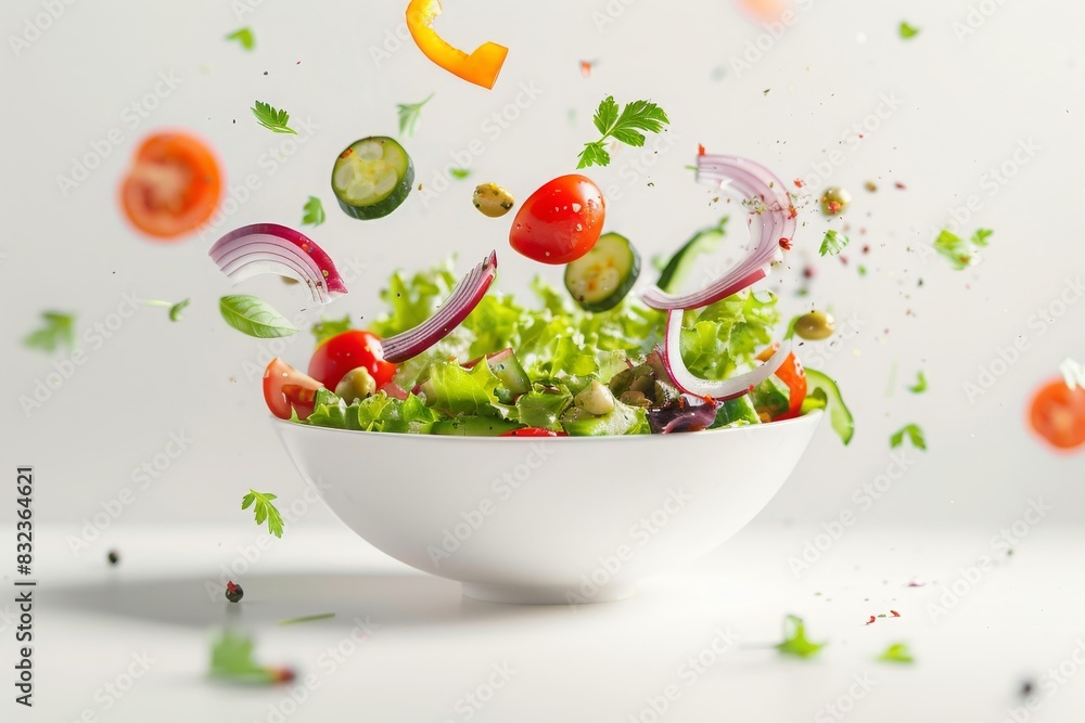 Salad in a bowl with ingredients and food pieces floating in the air on white background, photography Salad in a bowl with ingredients and food pieces floating in the air on white background, photography