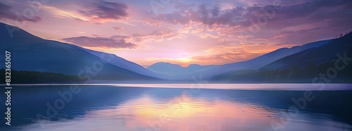 A serene  mountain lake at sunset background with glowing skies and calm water.