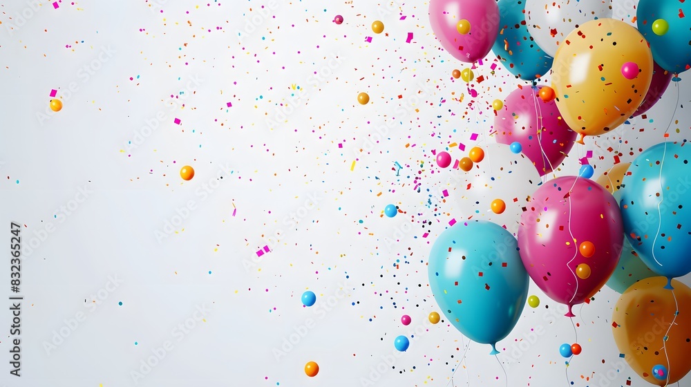 A birthday party banner with colorful balloons and confetti on a white background, with copy space for text. The web banner has copy space left on the right side. A birthday party banner with colorful balloons and confetti on a white background, with copy space for text. The web banner has copy space left on the right side.