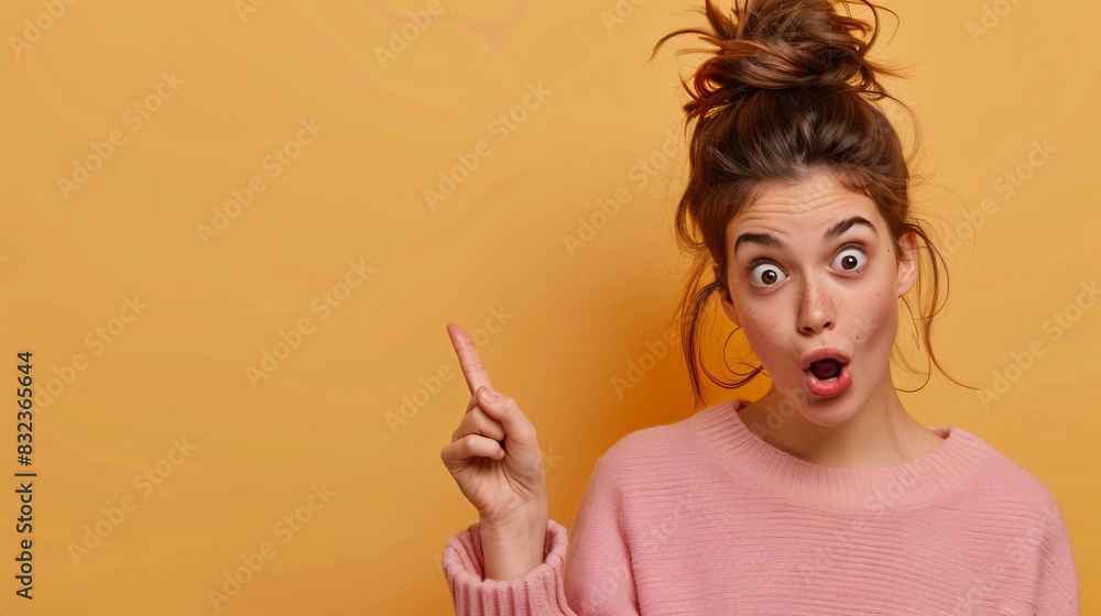 Closeup of a lovely woman with surprised grimace standing against orange background, points with index finger to the left side Closeup of a lovely woman with surprised grimace standing against orange background, points with index finger to the left side