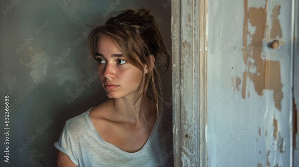 Portrait of a young woman wearing t-shirt and looking out from behind a half-open door Portrait of a young woman wearing t-shirt and looking out from behind a half-open door