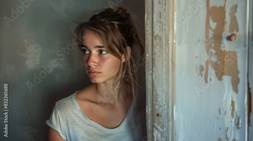 Portrait of a young woman wearing t-shirt and looking out from behind a half-open door