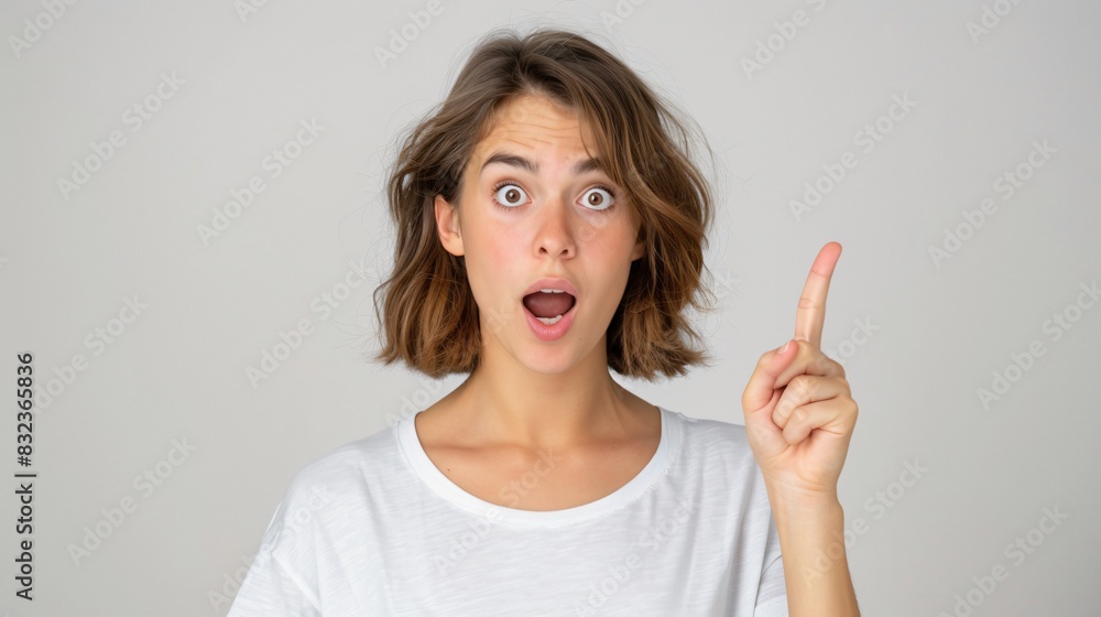 Closeup of a lovely woman with surprised grimace standing against white background, points with index finger to the right side Closeup of a lovely woman with surprised grimace standing against white background, points with index finger to the right side