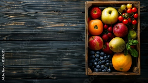 wooden box with fruits and vegetables. copy space
