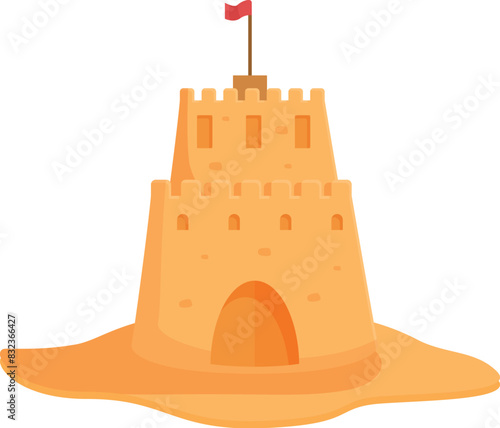 Bright and colorful cartoon sand castle illustration on a sandy beach with a playful and cheerful design, perfect for children's artwork and summer vacation themed designs