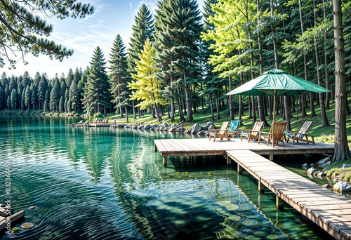 A scenic lake surrounded by a lush forest of pine and deciduous trees. A wooden dock extends into the clear  turquoise-colored water.