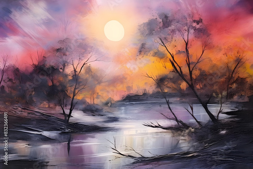 mystical river sunrise. generative ai
