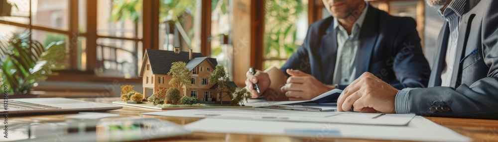 Professional setting of a real estate consultation with focused agent, model house on the table showcasing home buying or selling Professional setting of a real estate consultation with focused agent, model house on the table showcasing home buying or selling