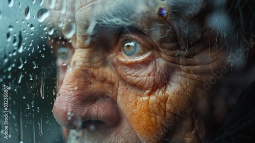 Close-up of an elderly man's face looking through a rain-streaked window.  His eyes reflect the water droplets and the cloudy sky. © LightoLife