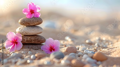 A stack of balanced stones with pink flowers on top  placed in the sand. Web banner with empty space on the right in the style of copy space.