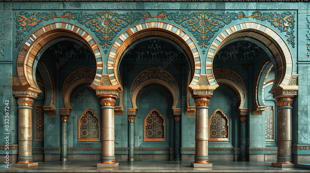 Fototapeta premium Ornate Islamic architecture featuring intricate, colorful arches and columns