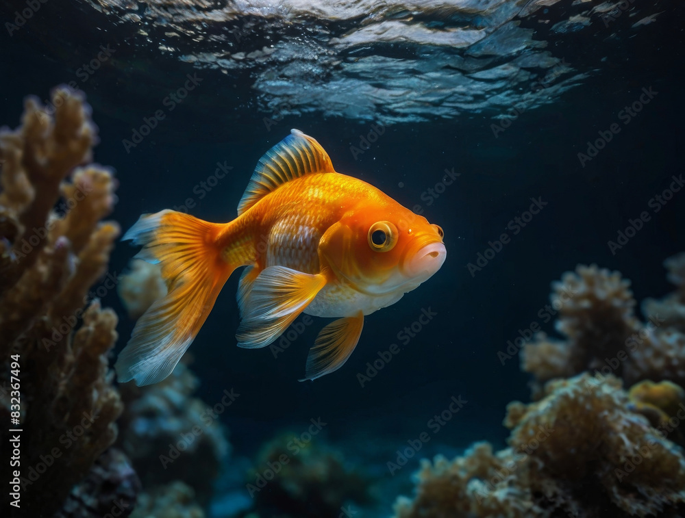 Fototapeta premium A goldfish in the deep waters of the ocean.