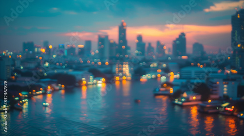 defocus aerial view from the sea to the skyline of the evening city downtown with skyscrapers. cityscape river sunset view at twilight time Blurred photo