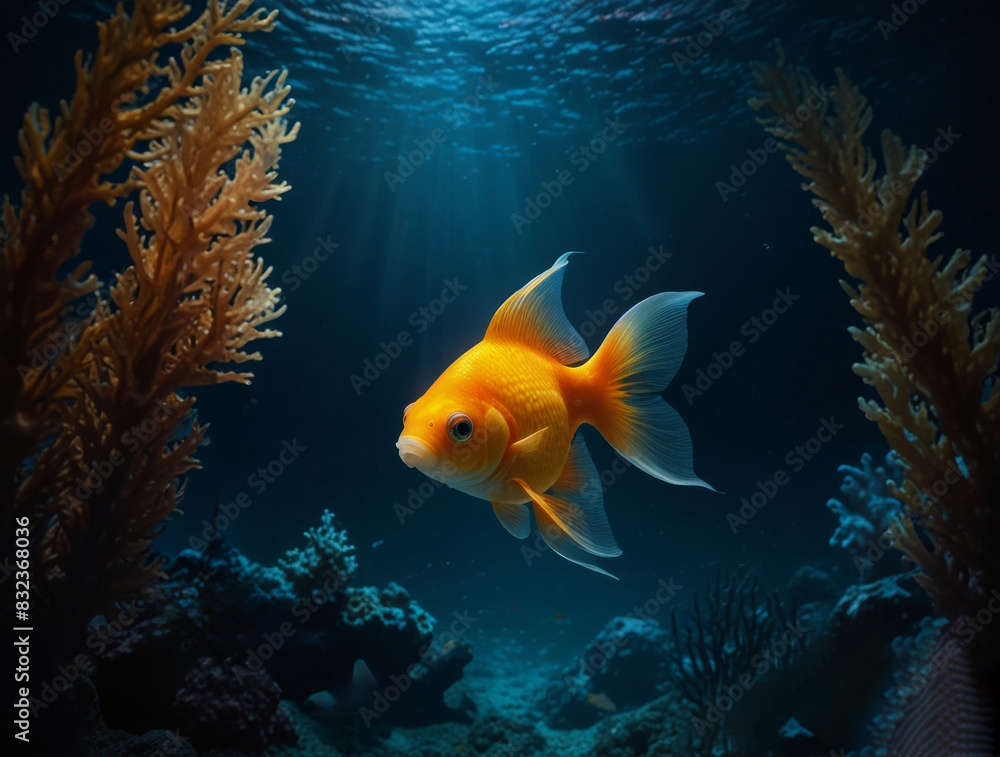 A goldfish in the deep waters of the ocean. A goldfish in the deep waters of the ocean.