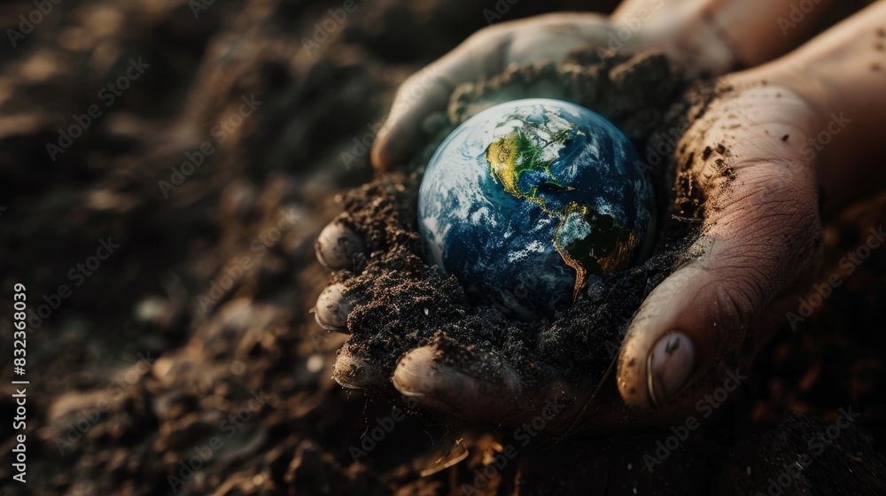 Close-up of hands holding a small globe in the soil, symbolizing environmental care and responsibility. Close-up of hands holding a small globe in the soil, symbolizing environmental care and responsibility.