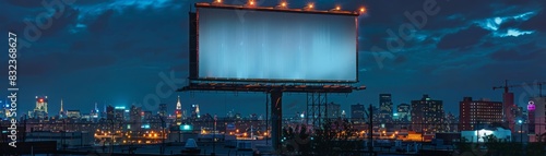 Moody urban night scene with a dominant blank billboard, providing a stark contrast to the lively city lights and dark skies
