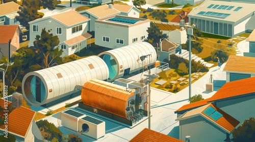 An illustration of a community energy storage facility cleverly disguised as an art installation, serving a neighborhood of sustainable homes. photo