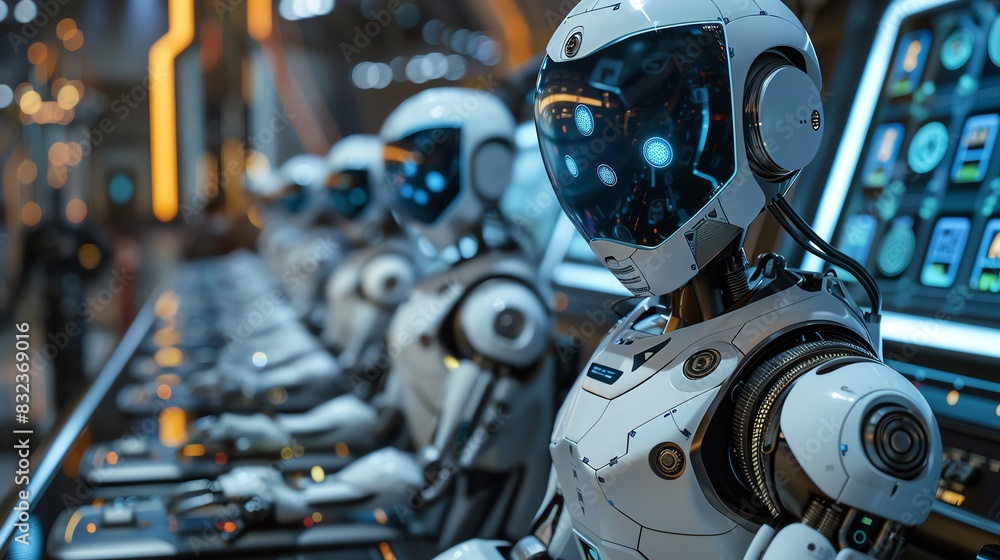 Fototapeta premium 2905 03 Robots solving math problems with holograms in a close-up competition