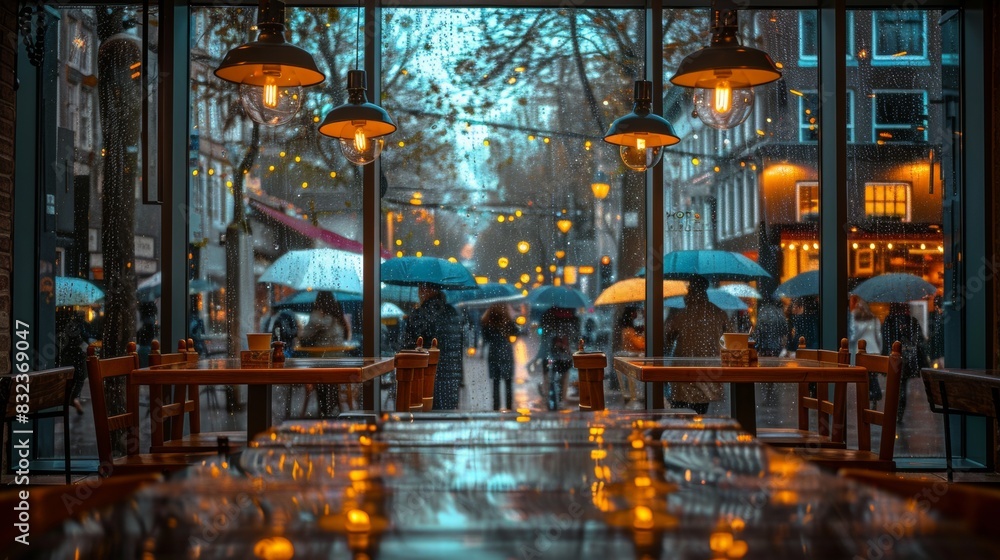A cozy cafe interior with warm lighting overlooks a rainy city street filled with people holding umbrellas A cozy cafe interior with warm lighting overlooks a rainy city street filled with people holding umbrellas