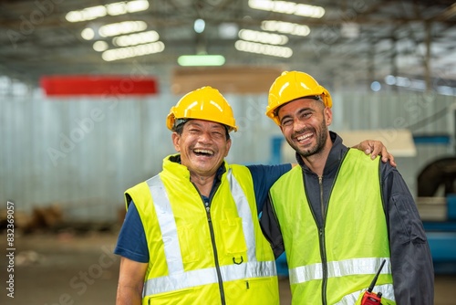 Two happy factory workers wearing hard hats and safety vests standing with arms crossed.