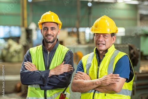 Two happy factory workers wearing hard hats and safety vests standing with arms crossed.