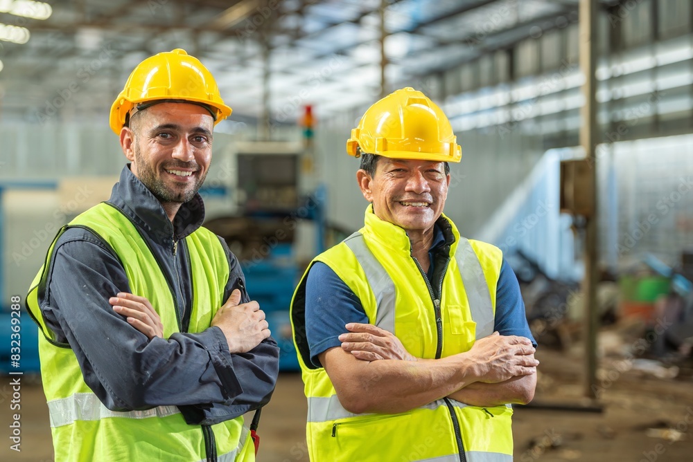 Two happy workers wearing hard hats and safety vests standing in a factory. Two happy workers wearing hard hats and safety vests standing in a factory.