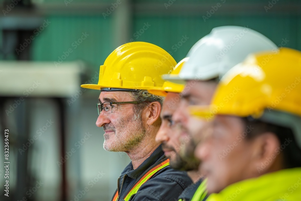 Portrait of a group of industrial workers wearing hard hats. Portrait of a group of industrial workers wearing hard hats.