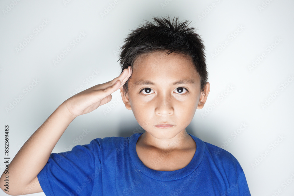 Little cute boy in a plaid shirt salutes, isolated on a white background. Little cute boy in a plaid shirt salutes, isolated on a white background.