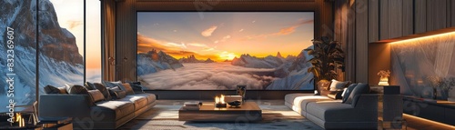 Luxurious living room with stylish furnishings and a large digital display of a mountainous sunset, perfect for relaxed, scenic evenings photo