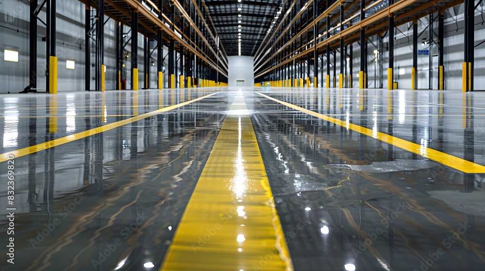Obraz premium An industrial warehouse features a sleek and shiny grey cement floor with yellow safety stripes. The smooth surface and safety markings emphasize the spacious, empty environment.