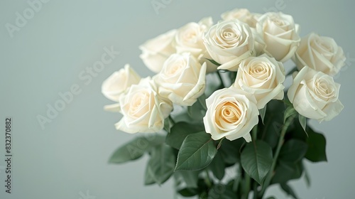 White roses background, a white rose bouquet against a white wall, white color background, a large bouquet of white roses in closeup with many blooming white roses, white background. © horizon