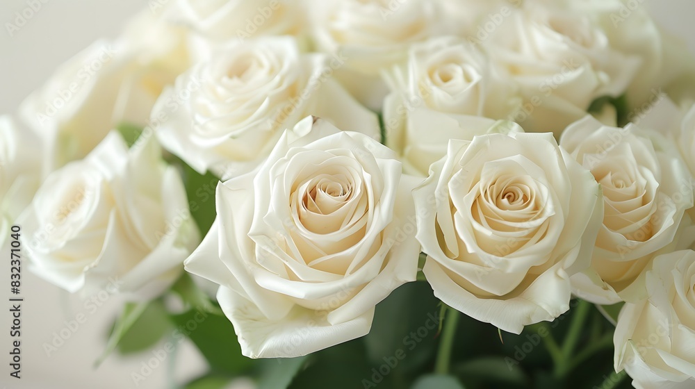 Obraz premium White roses background, a white rose bouquet against a white wall, white color background, a large bouquet of white roses in closeup with many blooming white roses, white background.