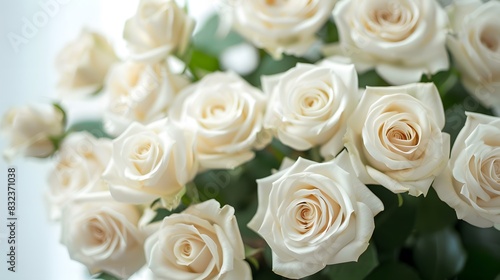 White roses background, a white rose bouquet against a white wall, white color background, a large bouquet of white roses in closeup with many blooming white roses, white background.